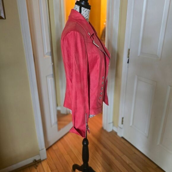 Lena Gabrielle Distressed FAUX Leather Jacket in Red - Picture 4 of 6